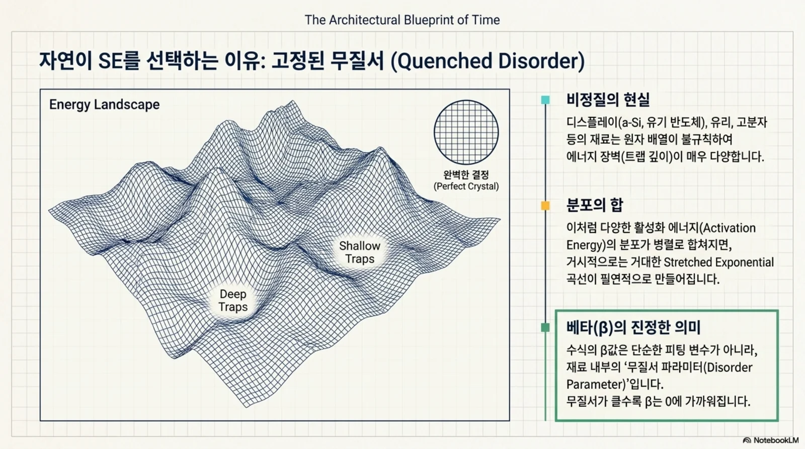 에너지 무질서 지형과 shallow trap deep trap을 이용해 stretched exponential을 설명하는 이미지