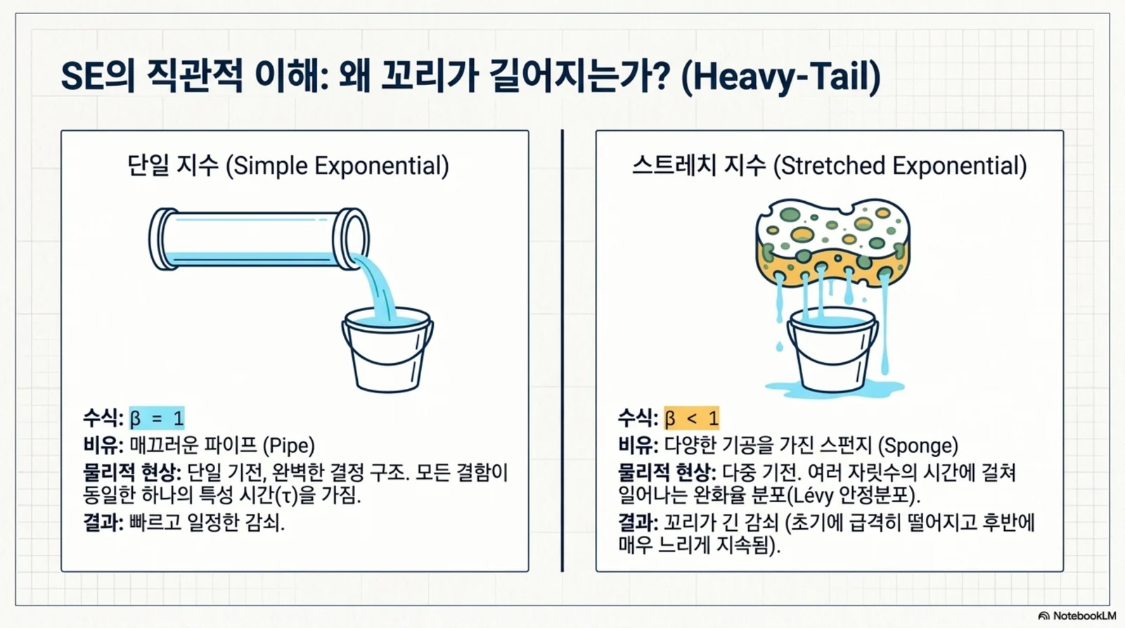 단순 지수 감쇠와 stretched exponential을 파이프와 스펀지 물 빠짐으로 비교한 비유 이미지