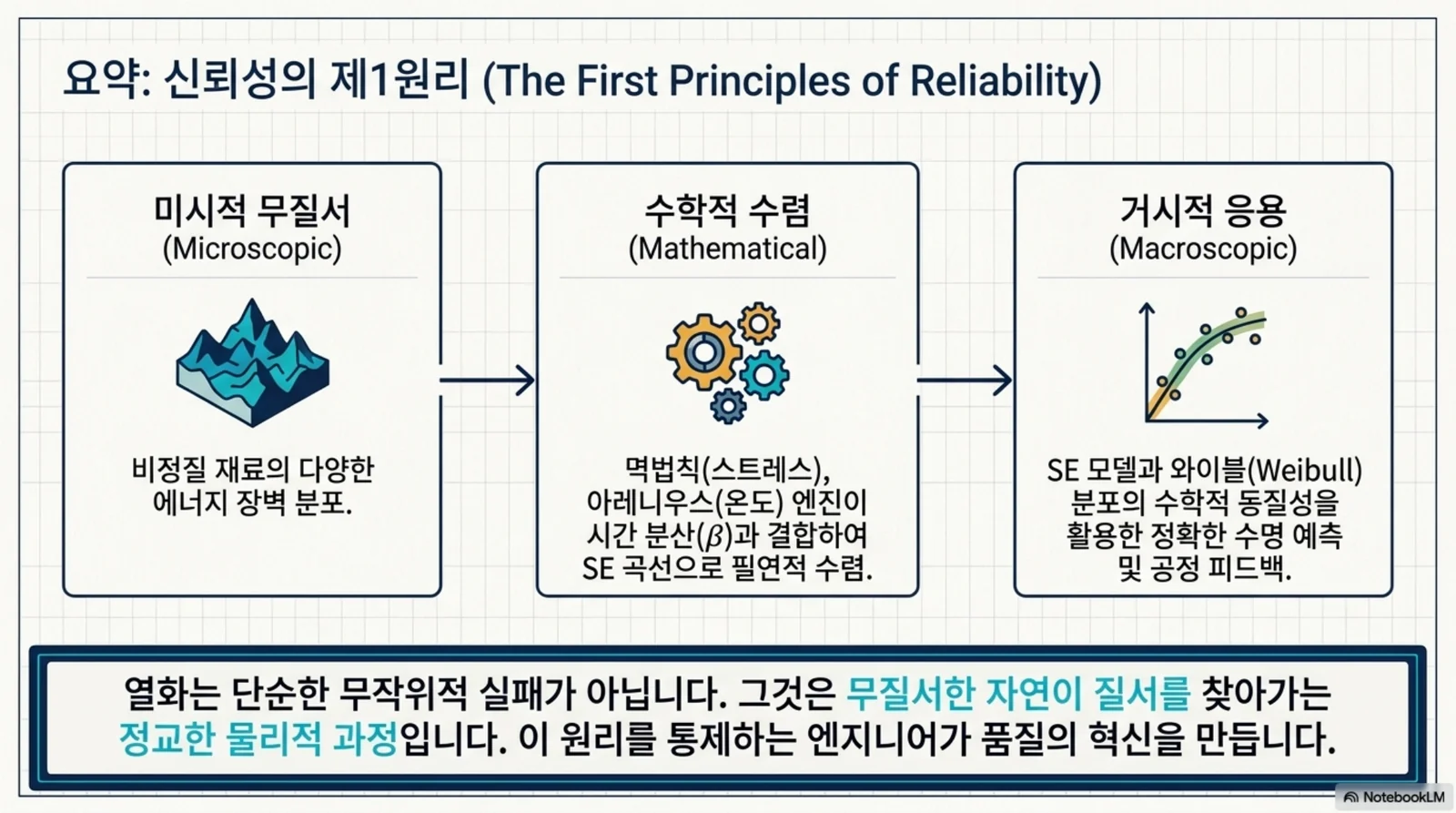 신뢰성 제1원리를 미시적 무질서, 수학적 수렴, 거시적 응용으로 요약한 이미지