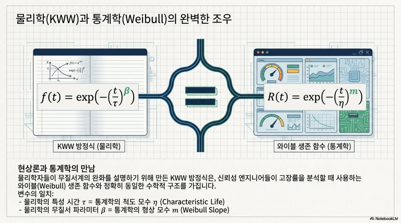 물리학의 stretched exponential과 통계학의 Weibull 신뢰도 함수가 같은 형태임을 보여주는 이미지
